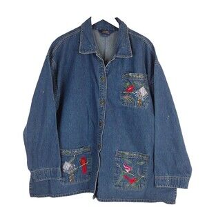 Natural Impressions Cardinal Birds Medium Stonewash Embroidered Denim Jacket 3X
